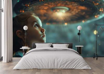 A little girl looking up at a light coming from the sky. Generative AI. Wall mural