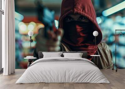 A masked man in a red hoodie is holding a gun. AI. Wall mural