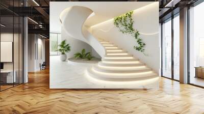 A modern staircase with a unique design and a touch of greenery. AI. Wall mural