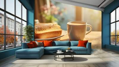 A plate of bread and a cup of coffee on a table. Generative AI. Wall mural