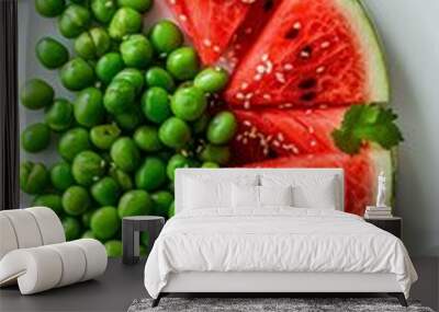 A plate of watermelon slices and green peas. AI. Wall mural