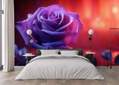 A purple rose is shown in front of a red background. Generative AI. Wall mural