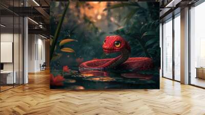 A red snake with large eyes rests in a pond surrounded by lush greenery. AI. Wall mural