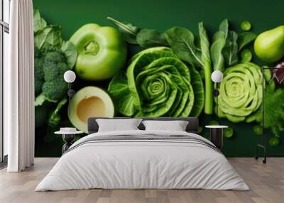 A row of green vegetables on a green background. Generative AI. Wall mural