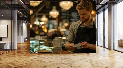 A server reads a note in a bustling restaurant. AI. Wall mural