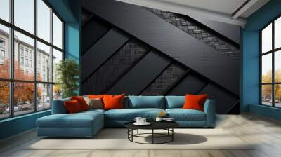 A sleek black metal backdrop with intersecting silver stripes, perfect for modern design or urban concepts. Generative AI. Wall mural