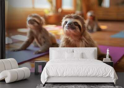 A sloth is sitting on a yoga mat with other animals. Generative AI. Wall mural