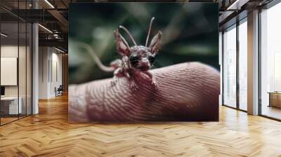 A small lizard sitting on top of a finger. AI. Wall mural