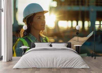 A woman in a hard hat holding up some papers. Wall mural