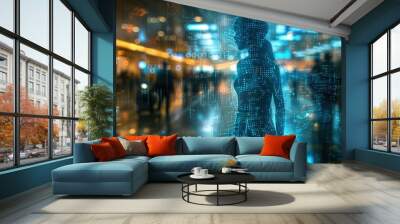 A woman stands in the middle of a bustling city, surrounded by glowing lights and a digital matrix. AI. Wall mural