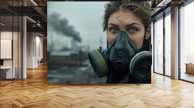 A woman wearing a gas mask in a polluted environment. AI. Wall mural