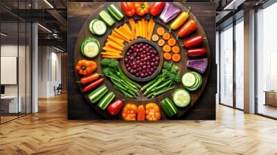 A wooden platter filled with assorted veggies. Generative AI. Wall mural