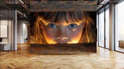 A young girl peeks out from behind a wooden plank. AI. Wall mural