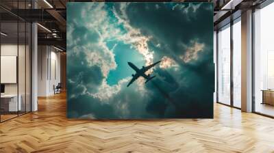 Airplane flying high in the sky. AI. Wall mural