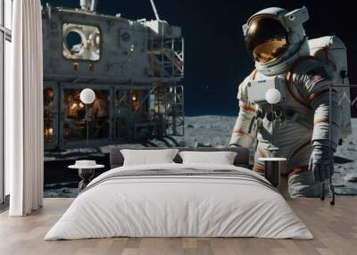 An astronaut in a spacesuit walks on the moon with a lunar module in the background. AI. Wall mural