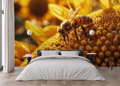 Bee on a sunflower. AI. Wall mural