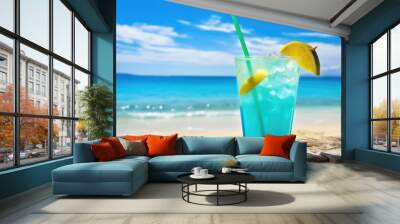 Blue cocktail on the beach with a straw. Generative AI. Wall mural