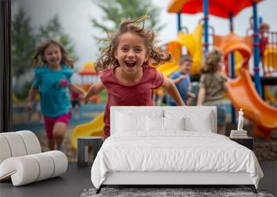 Blurred motion of children having fun at a playground. AI. Wall mural