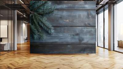 Christmas tree branch on wooden background. Generative AI. Wall mural