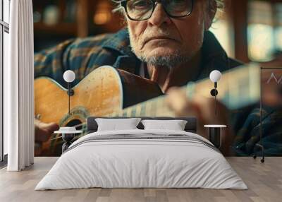 Close-up of a senior man playing an acoustic guitar. AI. Wall mural