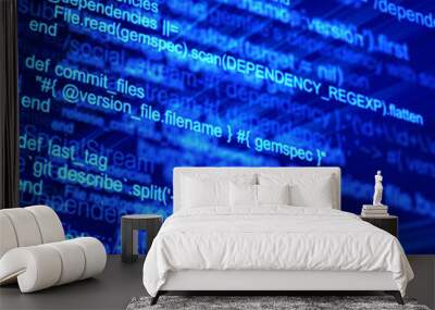 Close-up of blue computer code on a digital screen. 3D render. Wall mural