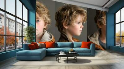 Contemplative curly-haired boy AI. Wall mural