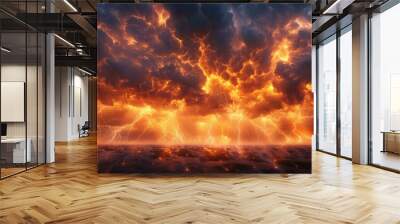 Dark storm clouds with bright lightning bolts. AI. Wall mural