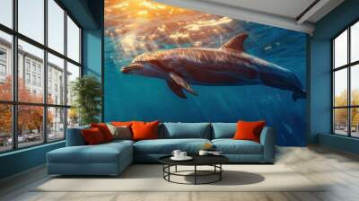 Dolphin gracefully swimming in the ocean. AI. Wall mural