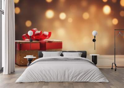 Gift box with red ribbon on wooden table with bokeh lights. Generative AI. Wall mural