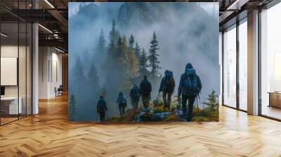 Hikers ascend a foggy mountain path. AI. Wall mural