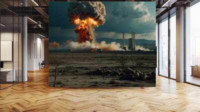 Mushroom cloud rising from a nuclear explosion in the desert. AI. Wall mural