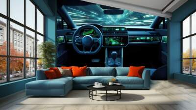 The interior of a car with a dashboard and steering wheel. Generative AI. Wall mural