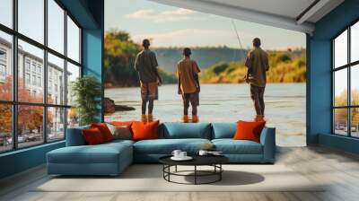 Three men wade in a river while fishing. AI. Wall mural