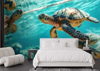 Three turtles swimming in the water near a volleyball net. Generative AI. Wall mural