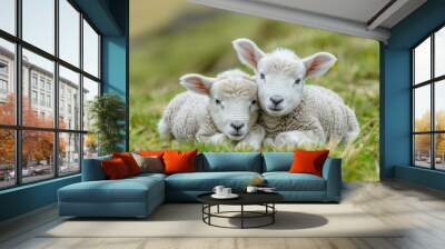 Two baby lambs laying down in a field of grass. Generative AI. Wall mural