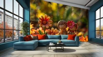 Two clay figures standing among flowers and leaves. AI. Wall mural