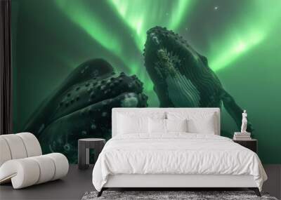 Two humpback whales swim beneath the aurora borealis. AI. Wall mural