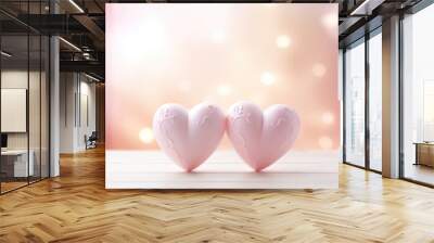 Two pink hearts on a wooden table with a blurred background. Generative AI. Wall mural