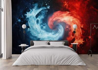 Two red and blue fire swirls on a black background. Generative AI. Wall mural