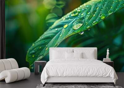 Water droplets on a green leaf. AI. Wall mural