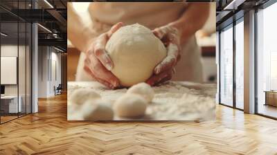 Woman kneading dough on a table. AI. Wall mural