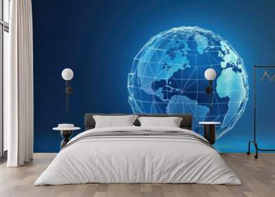 World globe on blue background with lines and lines. Generative AI. Wall mural