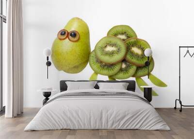 Funny turtle made of kiwi and pear on clear background Wall mural