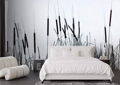 Dry reeds near the winter lake with snow. Background Wall mural