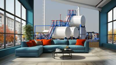 White fuel tanks in natural gas treatment plant in bright sunny summer day Wall mural