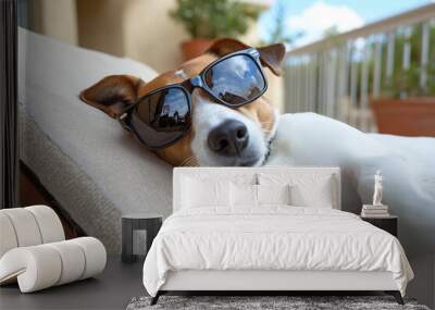 Adorable dog wearing sunglasses lounging on a chair outdoors Wall mural