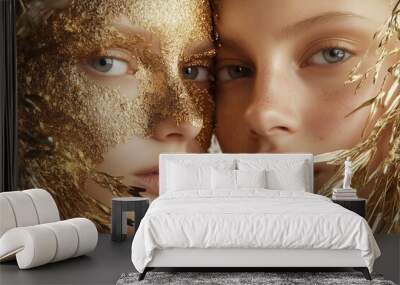 Artistic close-up of two women with gold leaf face makeup, surrounded by metallic foliage Wall mural