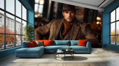 Handsome Young Man in Brown Plaid Suit and Fedora, Exuding Classic Elegance in Luxurious Setting Wall mural