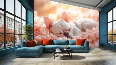 White French Bulldog puppy napping in soft pink flowers with a warm glow Wall mural