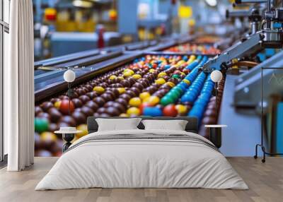  candy production facility, where colorful chocolates and candies are being packed into boxes Wall mural